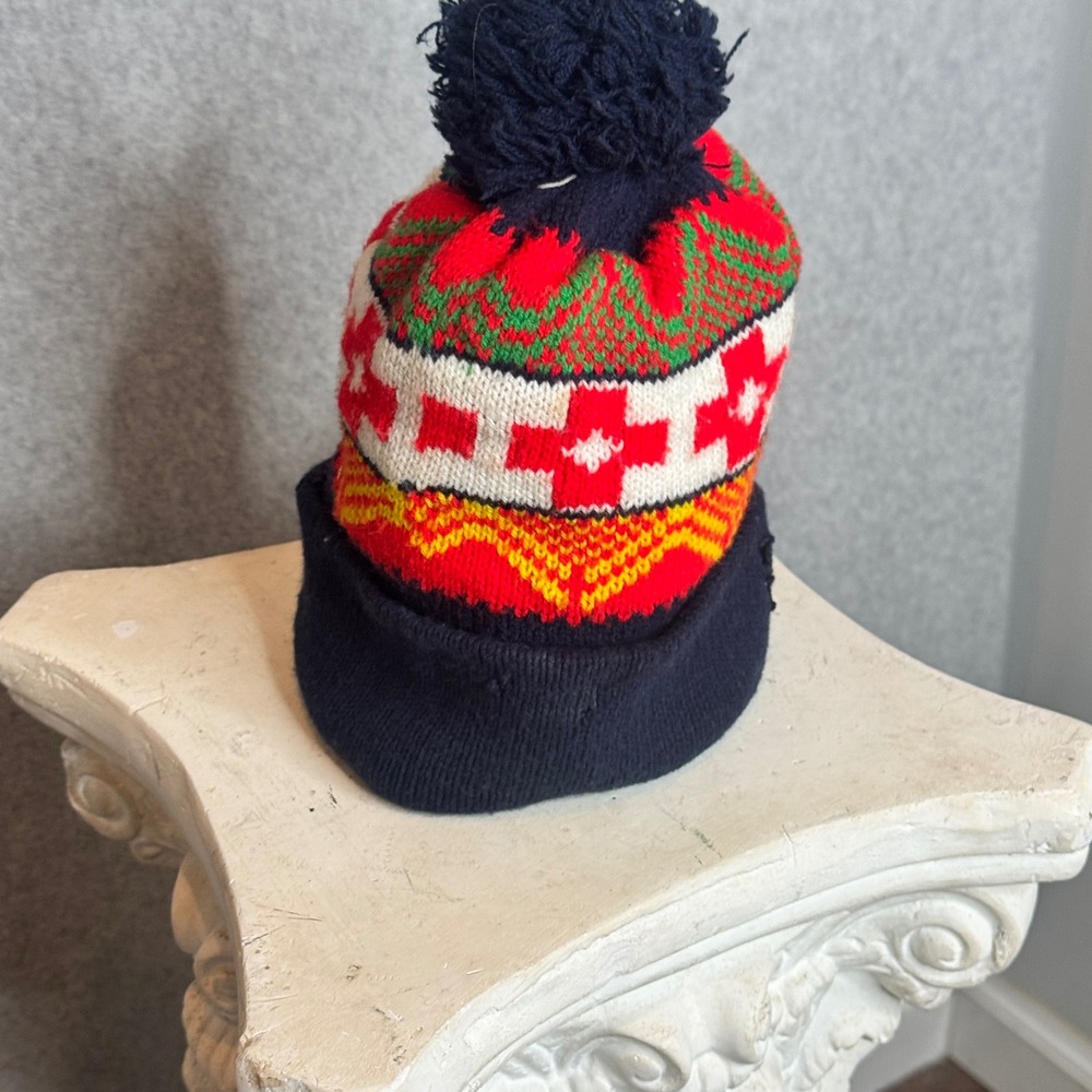 Vintage Knit Ski Hat Winter Beanie Cap‎ Pom Pom Red White Green